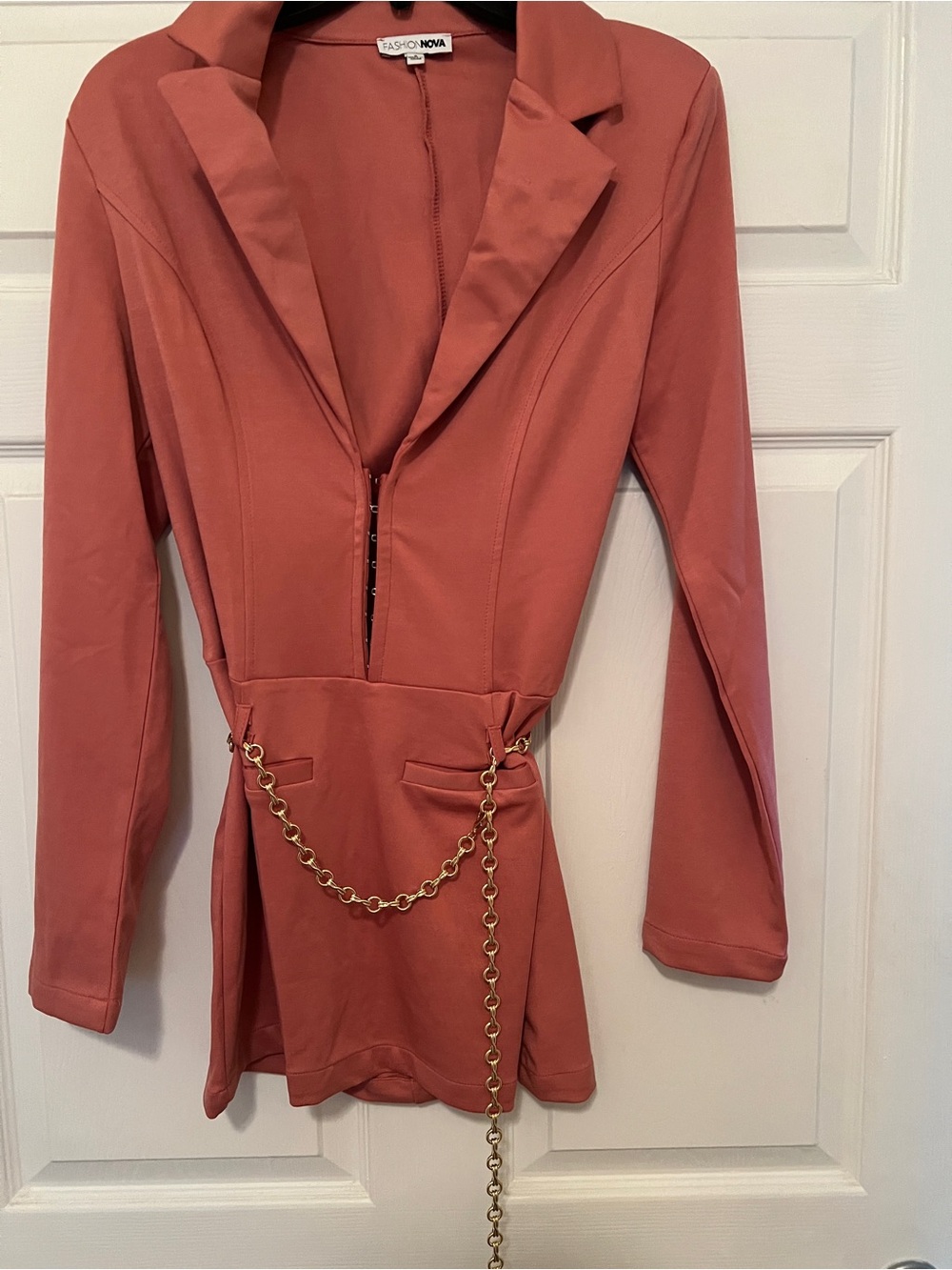Fashion Nova Rust-Orange mini dress with Gold Chain Accent